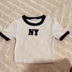 Zara Cream Short Sleeve Ringer Tee with Black Trim and NY Patch